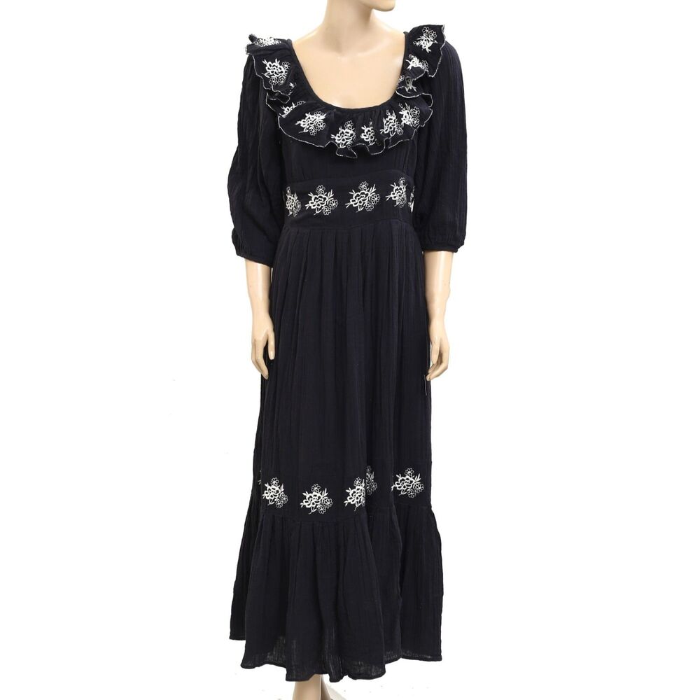 Free People Floral Embroidered Maxi Dress Smocked Ruffle Black Flowy M 280243